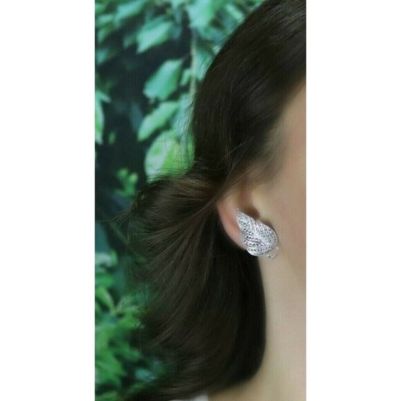 Sterling Silver Marcasite Leaf Clip On Earrings Screw Back - Picture 3 of 7